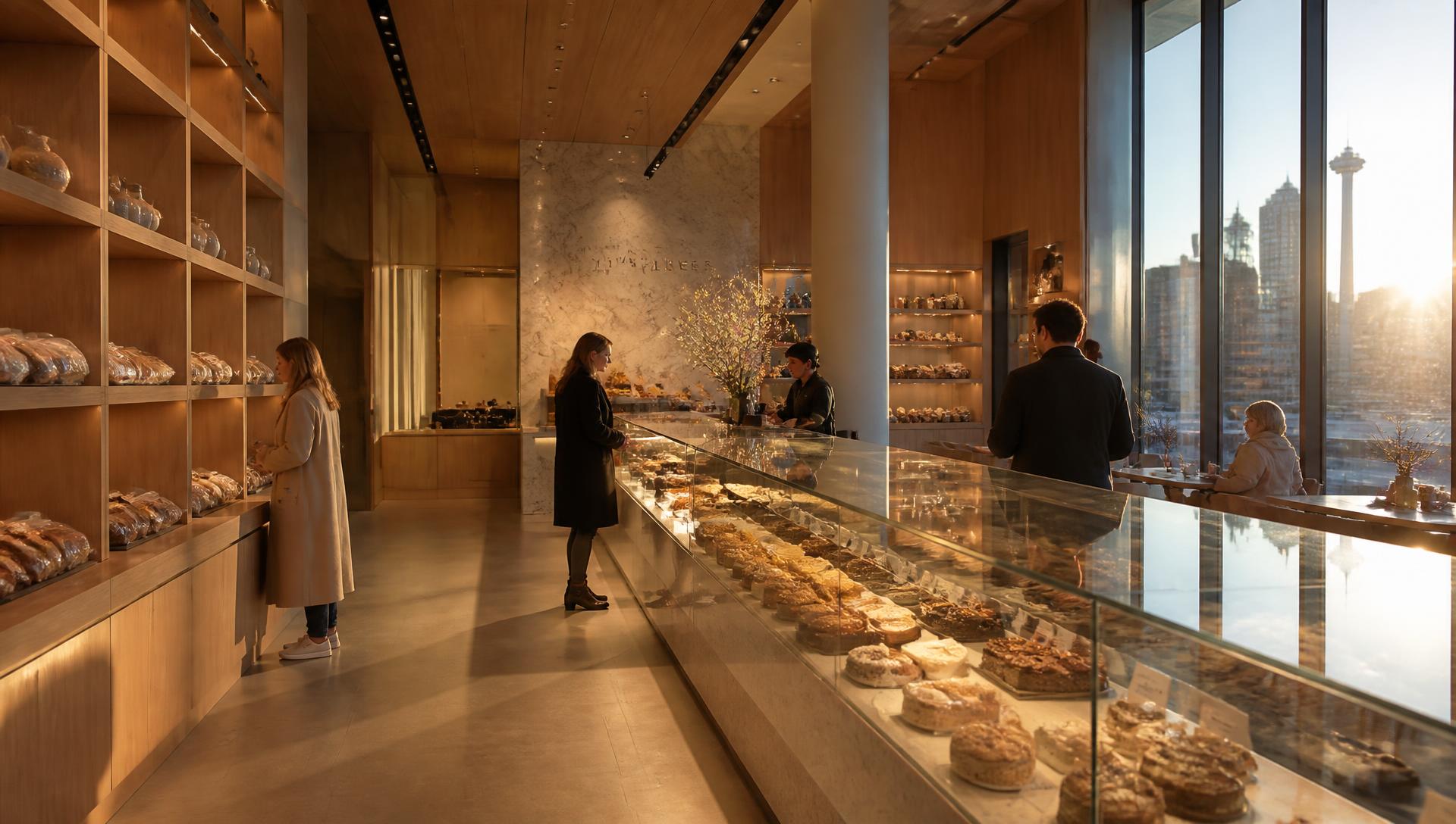 Interior of the GoodCake luxury bakery boutique in Calgary at golden hour with oak shelving and glass pastry cases