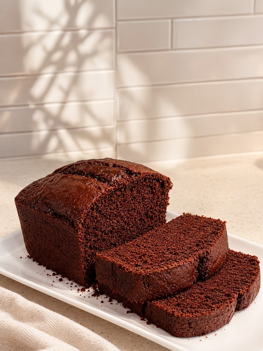Deep chocolate loaf cake sliced on a white platter
