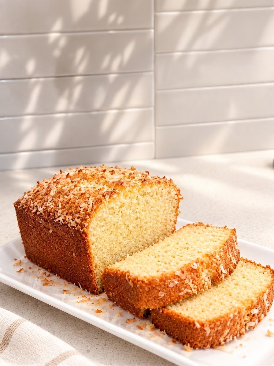 Sliced toasted coconut loaf cake on a white platter