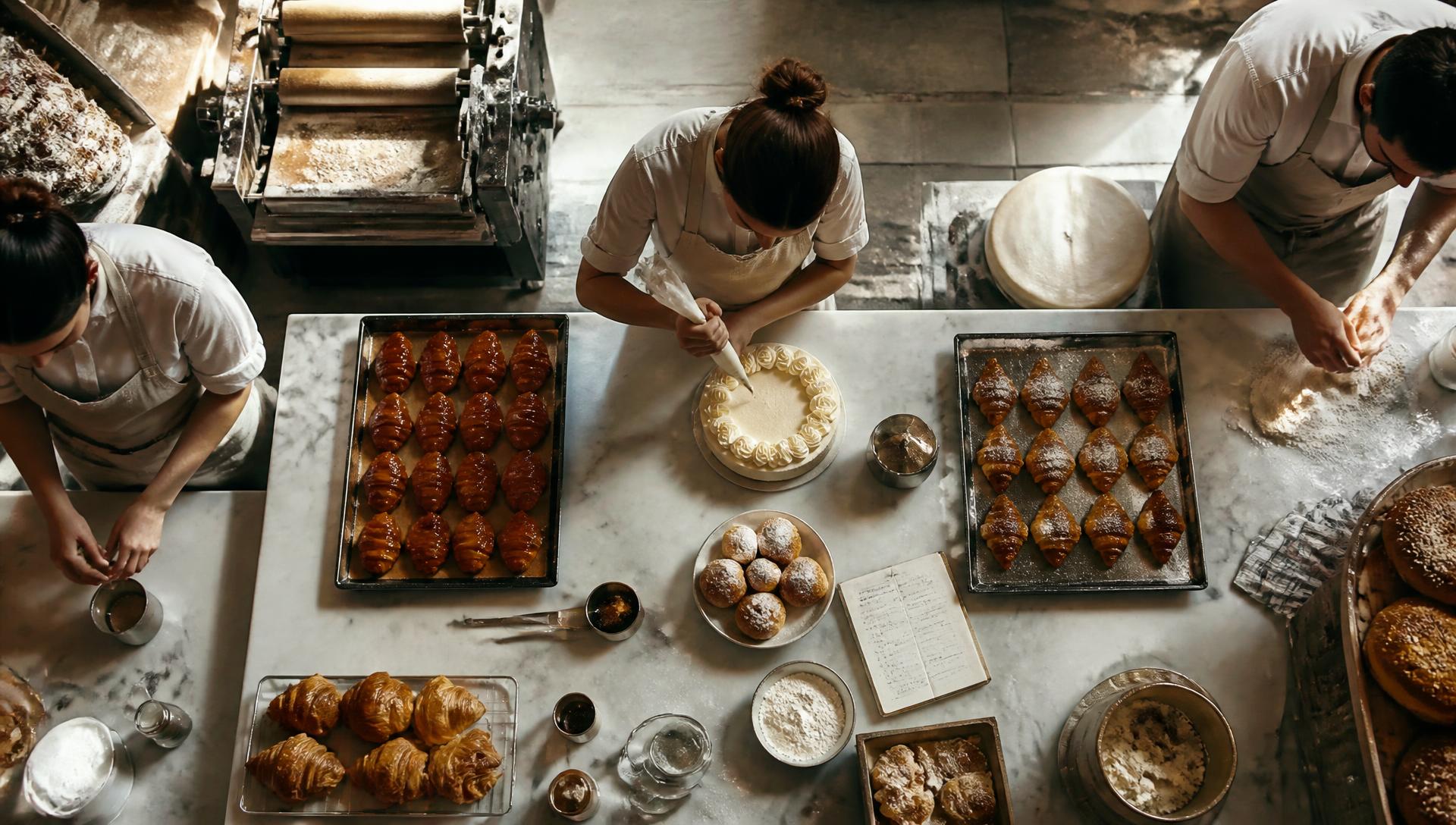 Overhead view of the GoodCake bakery production floor in Calgary with pastry chefs piping cakes and trays of croissants