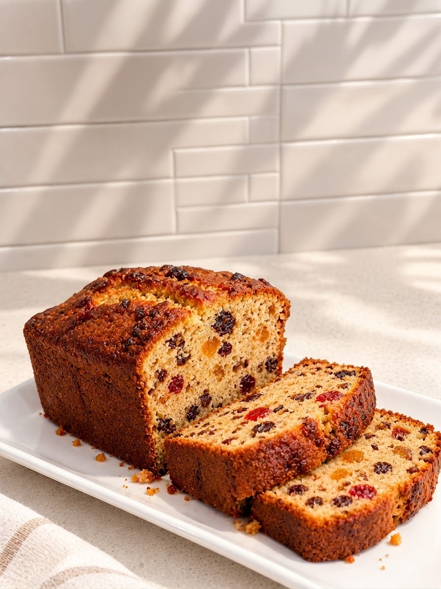 Sliced golden fruit loaf cake filled with colourful dried fruit