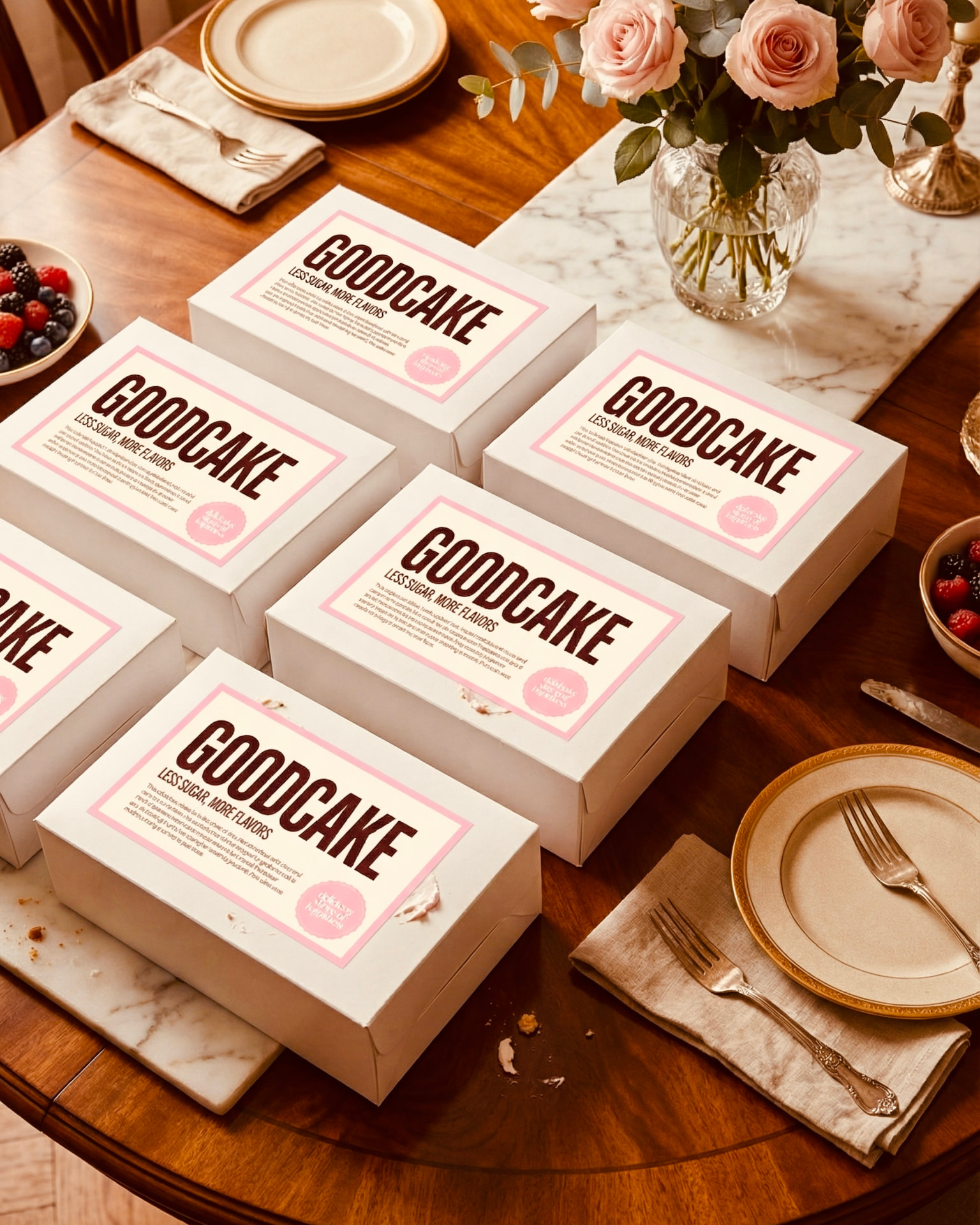 White GoodCake cake boxes on a wooden table with pink roses