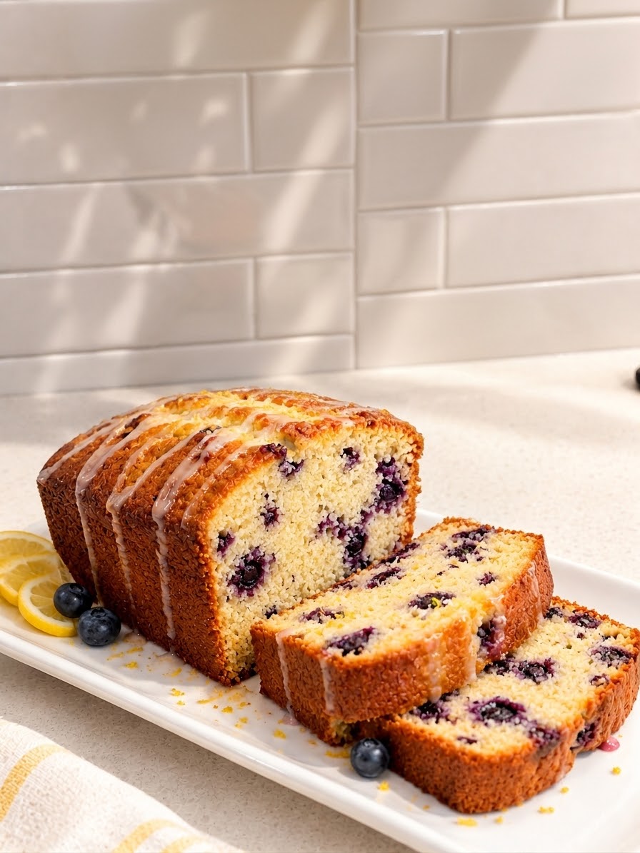 Sliced lemon blueberry loaf cake with citrus glaze, blueberries, and lemon slices