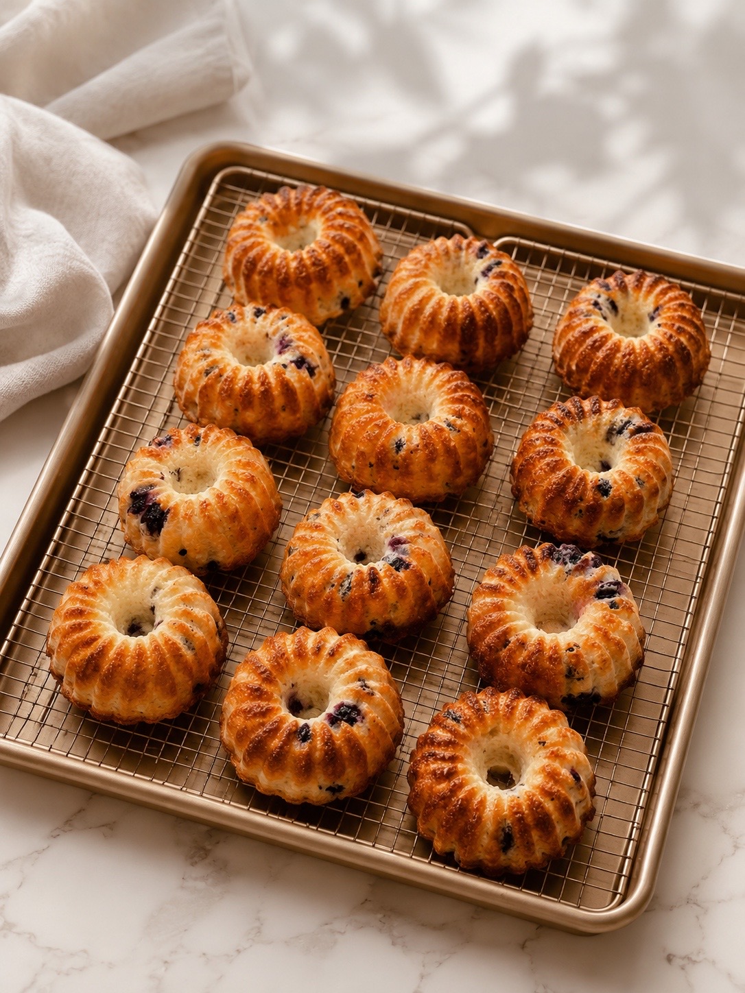 Tray of golden lemon berry mini bundt cakes