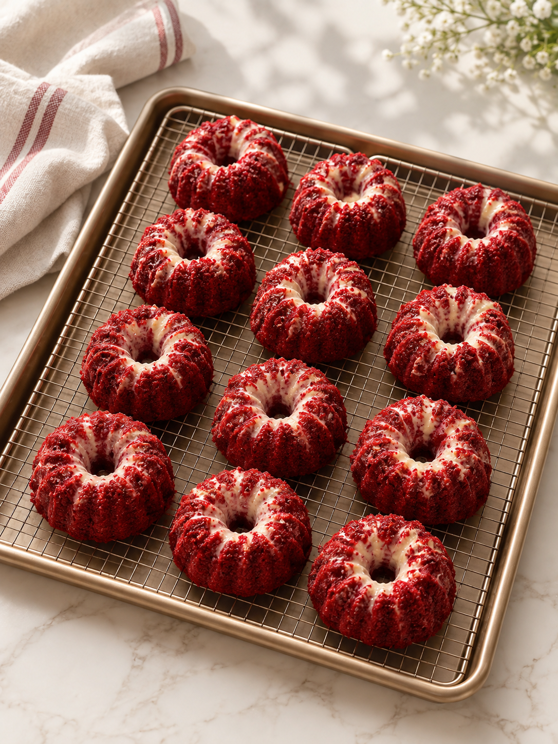 Tray of red velvet mini bundt cakes finished with vanilla drizzle