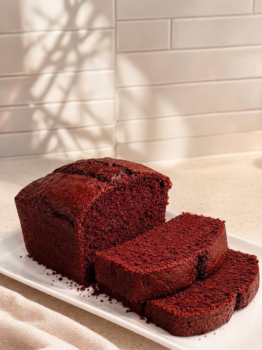 Sliced red velvet loaf cake arranged on a white platter