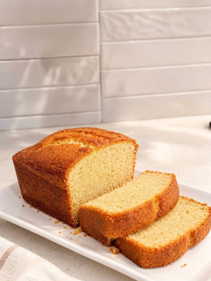 Classic vanilla loaf cake cut into thick slices on a white platter
